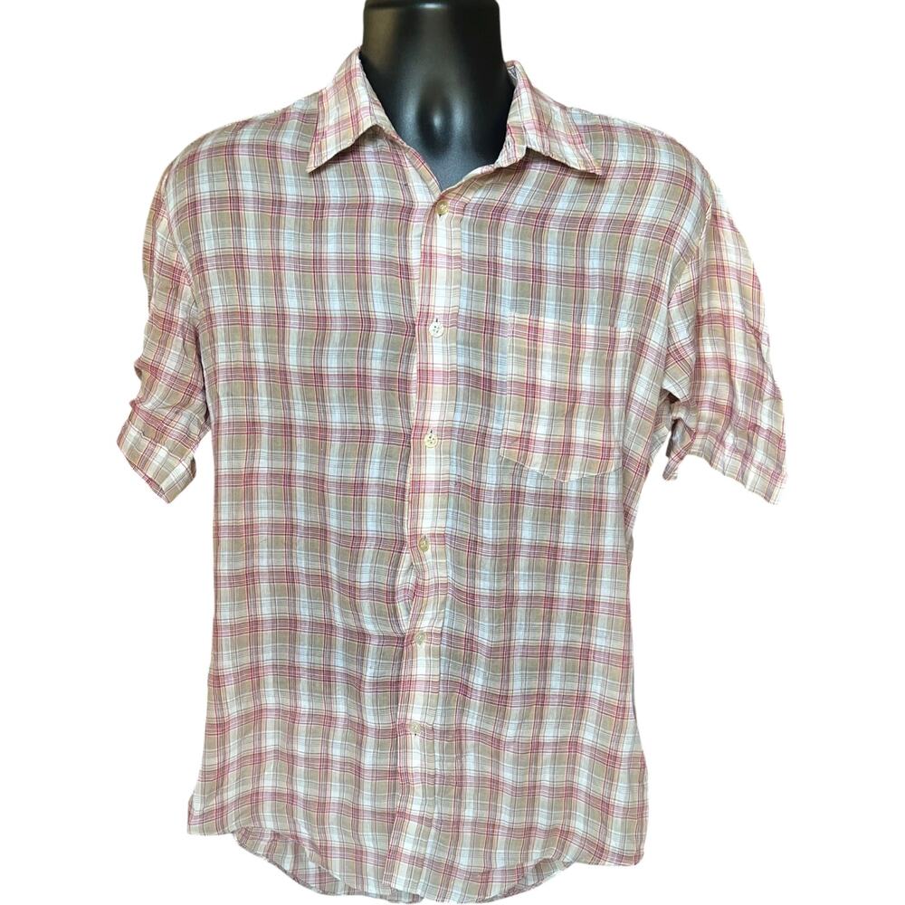 Royal Knight Plaid Shirt Medium Men’s 70s Red Beige Vintage Button-Up Casual